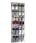 Over The Door Space Saver Shoe Organizer With 24 Mesh Pockets Hanging Shoe Rack filled with various shoes, white fabric