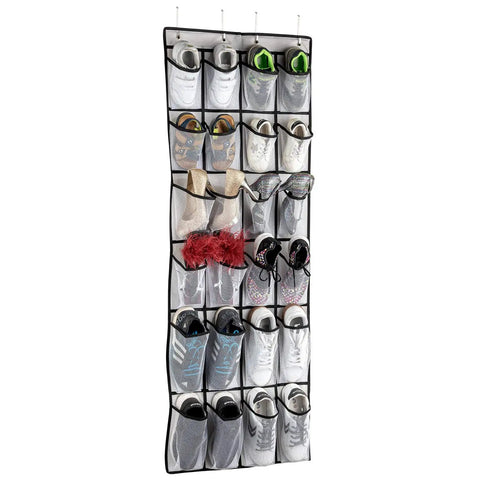 Over The Door Space Saver Shoe Organizer With 24 Mesh Pockets Hanging Shoe Rack filled with various shoes, white fabric