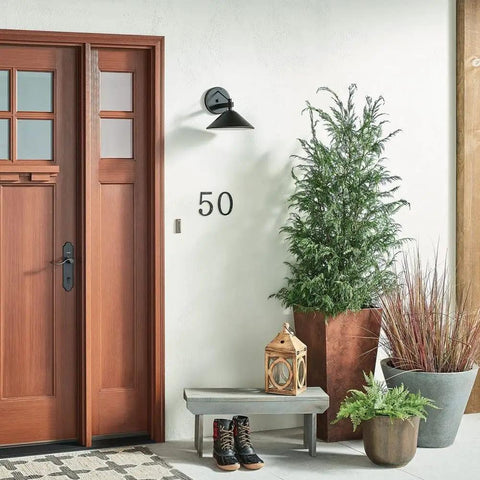Ripley 10 Inch Wide One Light Outdoor Wall Light In Olde Bronze Finish on porch with plants and wooden door