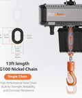 No Nonsense Heavy Duty Electric Chain Hoist Featuring Super Smooth Variable Speed Control For Effortless Overhead Lifting Up To One Half Ton 1000 Lbs with 13ft G100 Nickel Chain.