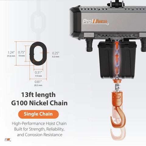 Rock Solid 1000 Lb Electric Chain Hoist Variable Speed Three Phase Motor with 13ft G100 Nickel Chain and strong steel hook.