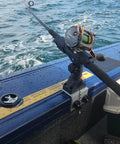 Heavy Duty Fishing Rod Holder for 90 Degree Boat Track System Side Mount with Aluminum Bracket Base 360 Degree Rotating for Versatrack Ranger Track System Bass Tracker and Track Boats mounted on blue boat rail