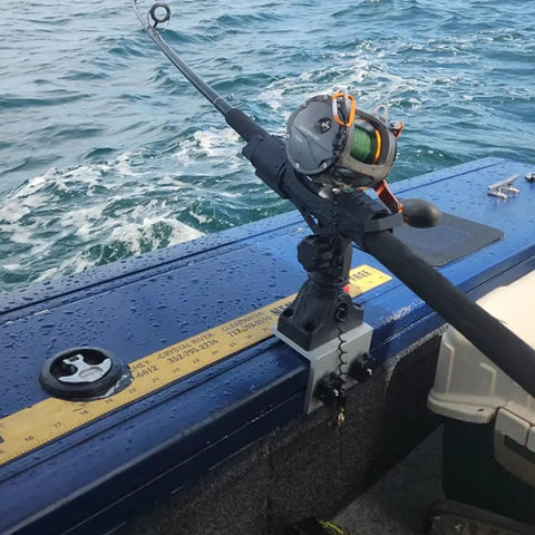 Heavy Duty Fishing Rod Holder for 90 Degree Boat Track System Side Mount with Aluminum Bracket Base 360 Degree Rotating for Versatrack Ranger Track System Bass Tracker and Track Boats mounted on blue boat rail
