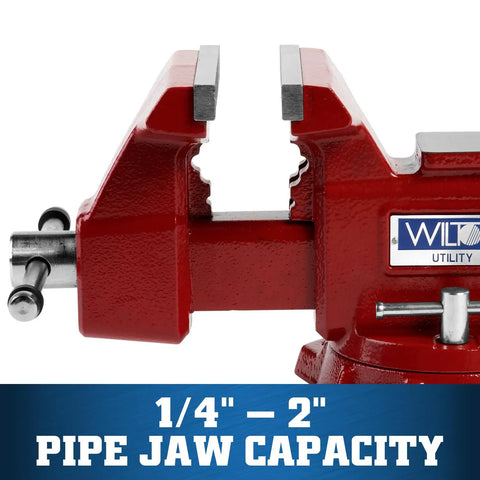 Beefy Utility Bench Vise With Five And A Half Inch Jaw Width And Five Inch Jaw Opening close-up showing pipe jaw capacity