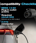 Compatibility checklist showing NEMA 14-50 outlet and J1772 connector for Portable Electric Level 2 Charger With 40A 240V Nema 14-50 Plug For Smooth Home Charging ETL Certified