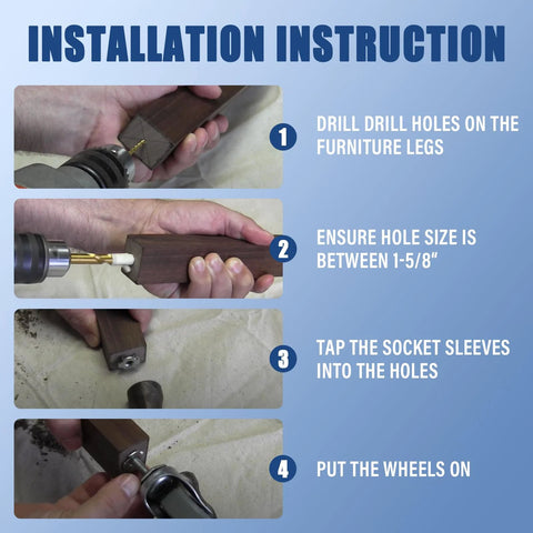 Installation steps for Antique Style Furniture Casters Set Of Four With One And Five Eighths Inch Stem for chairs and sofas.
