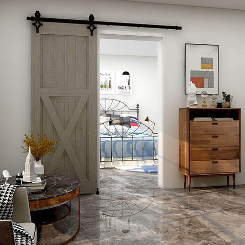 7 Ft Sliding Barn Door Hardware Kit With Floor Guide, Heavy Duty Modern Style, Holds Up To 330 Lbs, 1.875 In Thick Frosted Black Steel Track