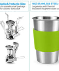 Backpacking Camping Cookware Kit With Mini Stove Aluminum Pots Stainless Steel Cup, foldable stove and insulated cup shown