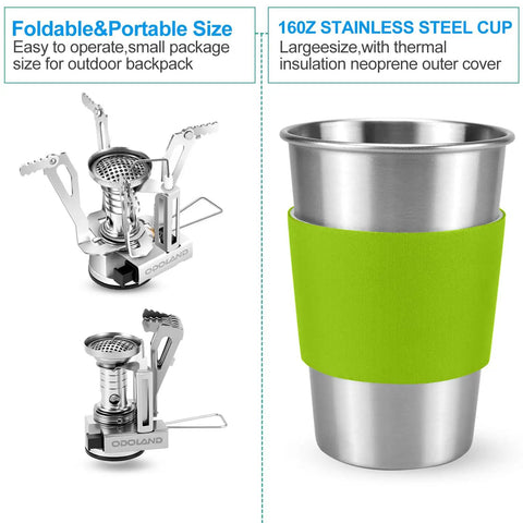 Backpacking Camping Cookware Kit With Mini Stove Aluminum Pots Stainless Steel Cup, foldable stove and insulated cup shown