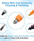 Rotary mini tool accessory kit with various heads for cleaning and polishing, includes 1/8 inch shank for rotary tools.