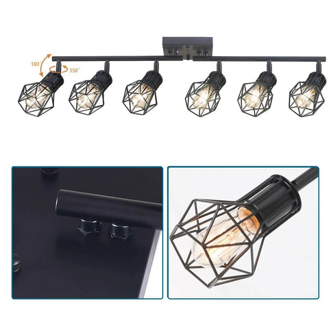 Black 6 Light Farmhouse Track Lighting Fixture With Metal Cage Design for Ceiling Mount, adjustable, E26 base, industrial modern style