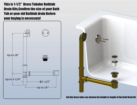 Solid Heavy Duty Brass Tub Drain Set With Tip Toe Stopper Overflow Plate And Matching Plug in Sweet Champagne Bronze Finish installation diagram with size details.