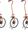 Heavy Duty Electronic Measuring Wheel With 15.5 Inch Spoked Tire And Ergonomic Swan Neck Handle in orange color, showing three angles.