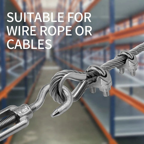 Close-up of Heavy Duty M6 Hook And Eye Turnbuckle Set With 304 Stainless Steel, wire rope and clip clamps in an industrial setting.