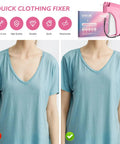 Before and after using Clothing Stitch Gun Quick Fixer for dresses and garments; visible shirt adjustment with sewing tool in use.