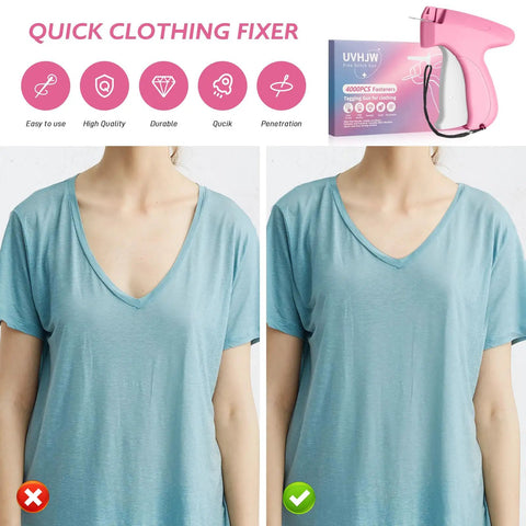 Before and after using Clothing Stitch Gun Quick Fixer for dresses and garments; visible shirt adjustment with sewing tool in use.