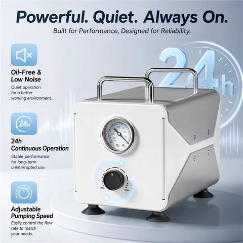 Heavy Duty Oil-Free Diaphragm Vacuum Pump For Lab Use With Negative Pressure Suction And Flow Control. No Messy Oils Needed, This Beast Offers Powerful Unidirectional Airflow, Precision Performance, And Durable Protection For Efficient Daily Workflows.