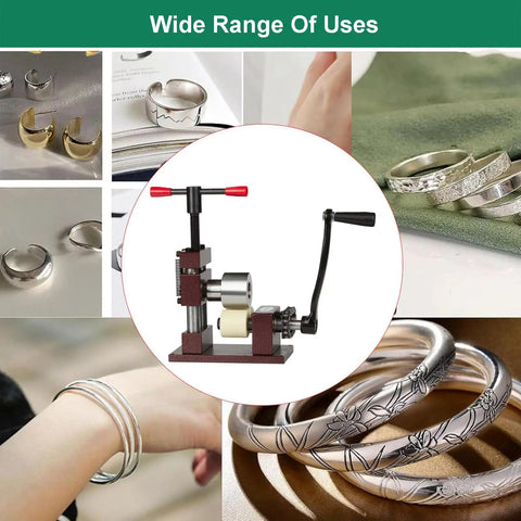 Adjustable Ring And Bracelet Bender Machine With Stainless Steel Rolling Mill For Crafting Spoon Rings And Custom Jewelry Gear showcased in various uses.