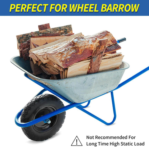 Solid Flat Free Tire And Wheel For Garden Cart 4.80/4.00-8 Inch shown installed on wheelbarrow carrying firewood