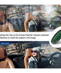 67mm Circular Polarizing Filter With 30 Layer Nano Coatings reduces glare on car windshield, revealing driver inside.