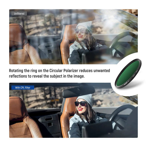 67mm Circular Polarizing Filter With 30 Layer Nano Coatings reduces glare on car windshield, revealing driver inside.