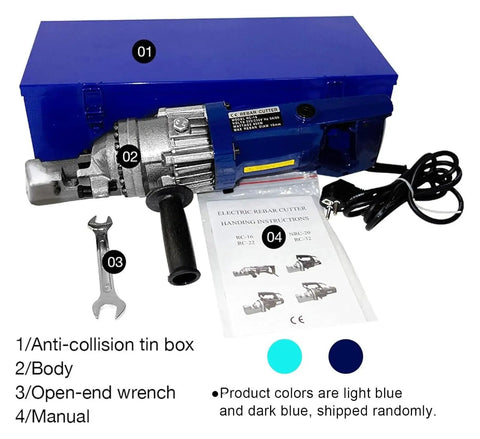Beefy Automatic Hydraulic Rebar Cutter for Fast 4 to 20 mm Steel Bar Cutting displayed with wrench and manual.