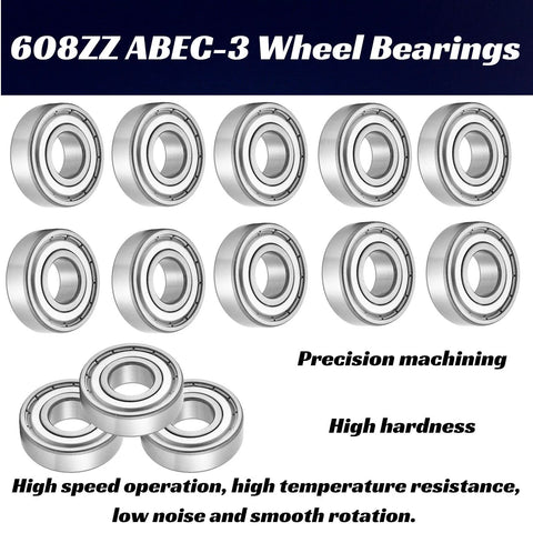 Front view of 608ZZ shielded ball bearings arranged in a grid; 8mm x 22mm x 7mm metal bearings