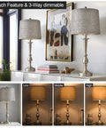 USB Sleek Metal Table Lamps Set Of 2 For Living Room And Bedroom Large Size Brushed Nickel Finish Touch Activated Dual USB Ports On Base Charge Phones Tablets And More Even When Lamps Are Off in a modern room setting with dimmable options.