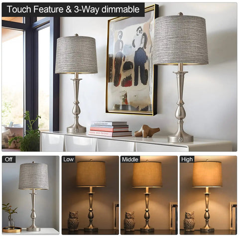USB Sleek Metal Table Lamps Set Of 2 For Living Room And Bedroom Large Size Brushed Nickel Finish Touch Activated Dual USB Ports On Base Charge Phones Tablets And More Even When Lamps Are Off in a modern room setting with dimmable options.