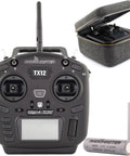 TX12 MkII ELRS 16CH OpenTX EDGETX Multi-Module Radio Transmitter with carry case and 18650 battery pack shown together.
