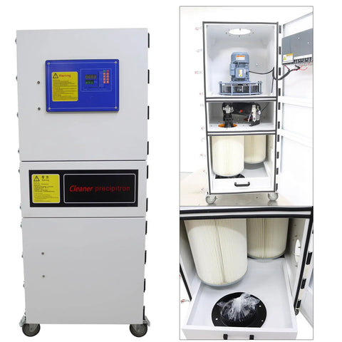 Heavy Duty Mobile Pulse Jet Dust Collector With Two Cartridges For Laser Cutting Grinding And CNC Metal Dust Collection, 2200 Cubic Meters Per Hour Airflow, 99.8 Percent Filtration, 2.2 kW Motor, 220V, showing exterior and interior view of cartridges and components.