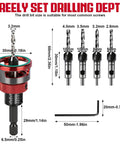 Heavy Duty 7 Piece Countersink Drill Bit Set With Adjustable Depth Stop Collar And Precision Bearings showing sizes and depth settings.