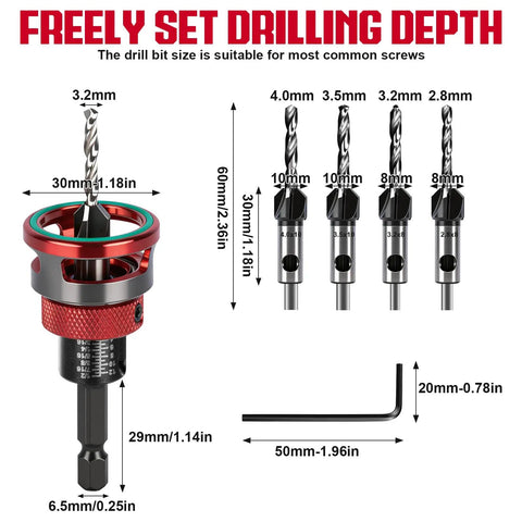 Heavy Duty 7 Piece Countersink Drill Bit Set With Adjustable Depth Stop Collar And Precision Bearings showing sizes and depth settings.