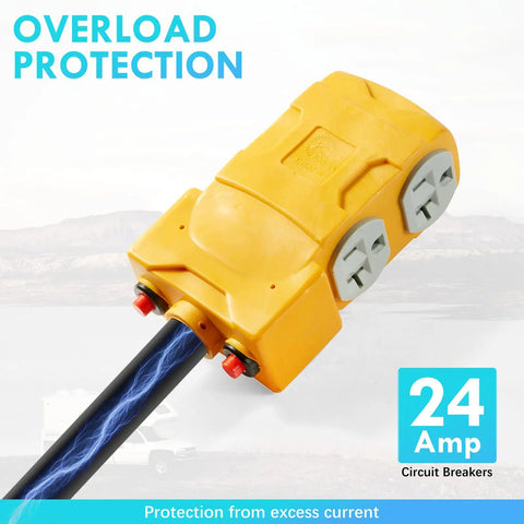 Close-up of RV Distribution Adapter 50 Amp To 20 Amp 110V NEMA 14 50P to Four 5 20R And 15R with visible circuit breaker