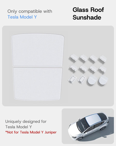 Two-piece gray sunshade panels with mounting clips for Tesla Model Y glass roof