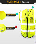 Next Level Hi Vis Safety Vest Class 2 Reflective Yellow Breathable Polyester 9 Pocket Front Cargo Setup With Dedicated Phone Compartment Built Different Workwear For Men, showcasing breathable polyester and reflective pockets.