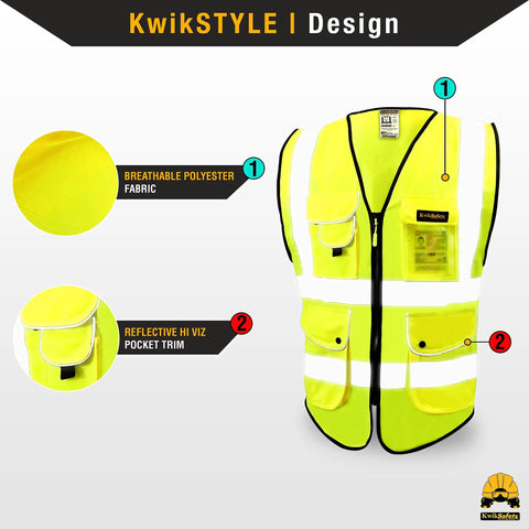 Next Level Hi Vis Safety Vest Class 2 Reflective Yellow Breathable Polyester 9 Pocket Front Cargo Setup With Dedicated Phone Compartment Built Different Workwear For Men, showcasing breathable polyester and reflective pockets.