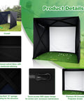 Home Golf Simulator Enclosure Complete Set With Heavy Duty Frame And HD Impact Screen And Pro Grade Putting Green Turf 8x8 Ft Tool Free Quick Setup In Under 5 Minutes Hitting Cage For Indoor Practice product details, showing thickened oxford fabric, zipper, and projection screen.