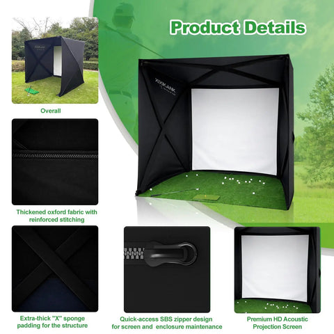 Home Golf Simulator Enclosure Complete Set With Heavy Duty Frame And HD Impact Screen And Pro Grade Putting Green Turf 8x8 Ft Tool Free Quick Setup In Under 5 Minutes Hitting Cage For Indoor Practice product details, showing thickened oxford fabric, zipper, and projection screen.