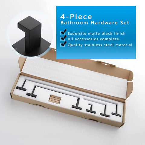 Opened box showing Matte Black Bathroom Hardware Set With 24 Inch And 12.2 Inch Towel Bars Four Piece Kit Stainless Steel Rustproof SUS304