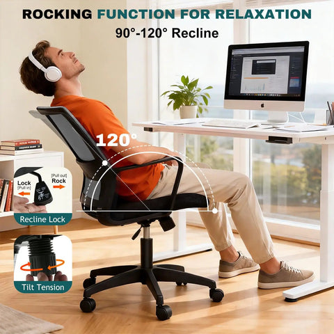 Person reclining in an ergonomic gaming chair with lumbar support and armrests near a desk for home office