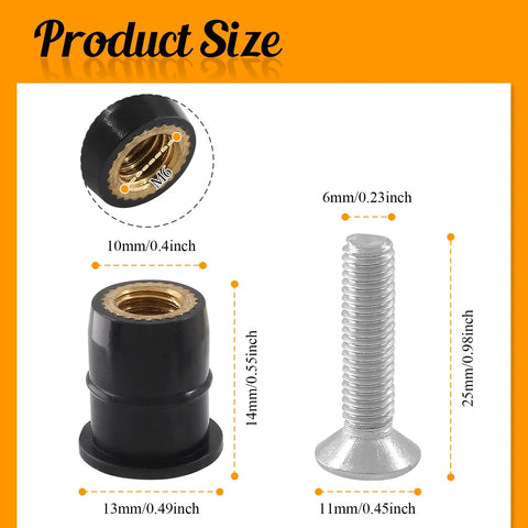 Product size of 12 Pairs M6 Rubber Well Nuts Neoprene Expansion Kit with Brass Nuts and Stainless Steel Pozi Screws for Universal Motorcycle Fasteners.
