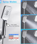 Big 10 Inch Square Rain Shower Head With Handheld Spray, 3 setting modes shown, chrome finish, California compliant shower combo
