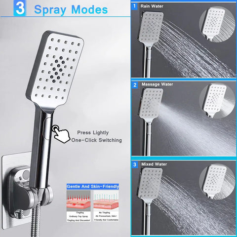 Big 10 Inch Square Rain Shower Head With Handheld Spray, 3 setting modes shown, chrome finish, California compliant shower combo