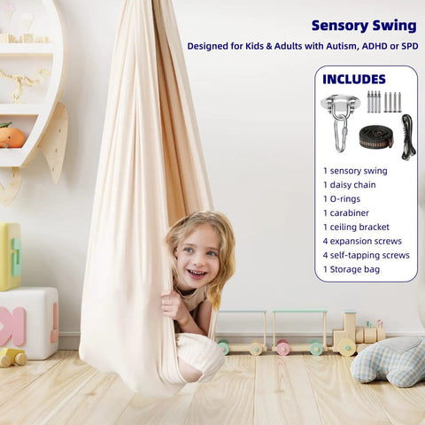 Child in Kids Sensory Swing Chair For Indoor And Outdoor Chill, Cuddle Hammock Therapy Seat For Autistic ADHD And Sensory Integration