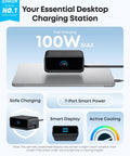7 In 1 Desk Charging Station With 100W USB C Power Hub on silver laptop, LCD display showing power status, safe charging features