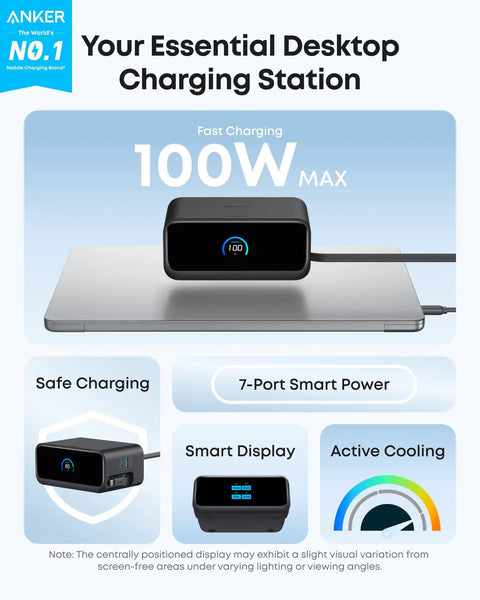 7 In 1 Desk Charging Station With 100W USB C Power Hub on silver laptop, LCD display showing power status, safe charging features