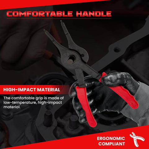 All Purpose Snap Ring Pliers Set For Automobiles, Lawn Mowers, And Farm Equipment With Straight And Bent Pliers in hand