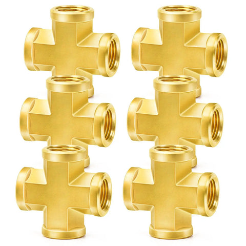Brass Four Way NPT Female Cross Fitting With Four One Quarter Inch Ports Built To Last Heavy Duty Pipe Adapter for plumbing, pack of 6