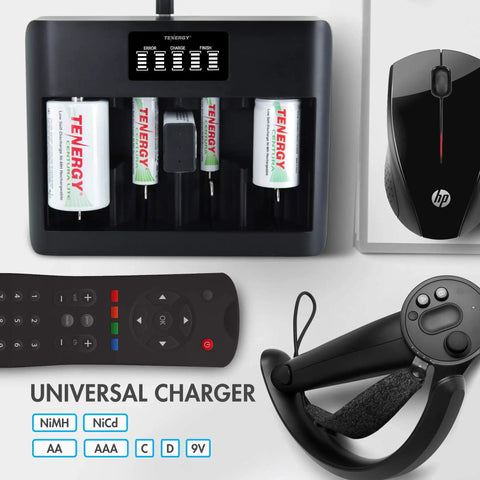 Smart 5 Bay Universal Battery Charger With LCD Display, USB-C And Micro USB Input, charge AA, AAA, C, D, 9V batteries